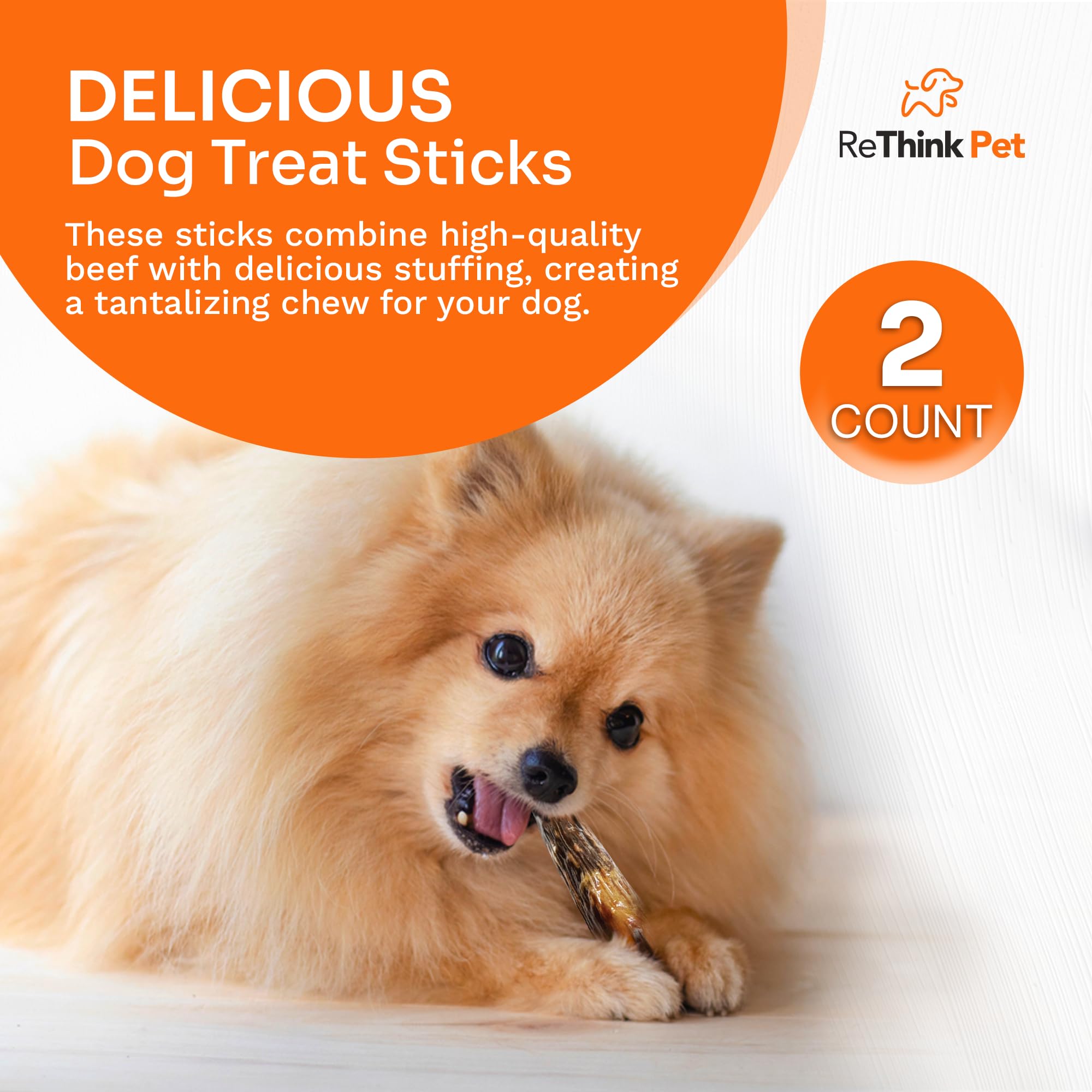 ReThink Pet Pack of 2 Dog Rawhide Sticks, Beef Stuffed, Odor-Free, All Natural, Healthy, Great Tasting Special Reward as Dog Treats, Long Lasting Dog Chew, Suitable for Puppy Small Dogs