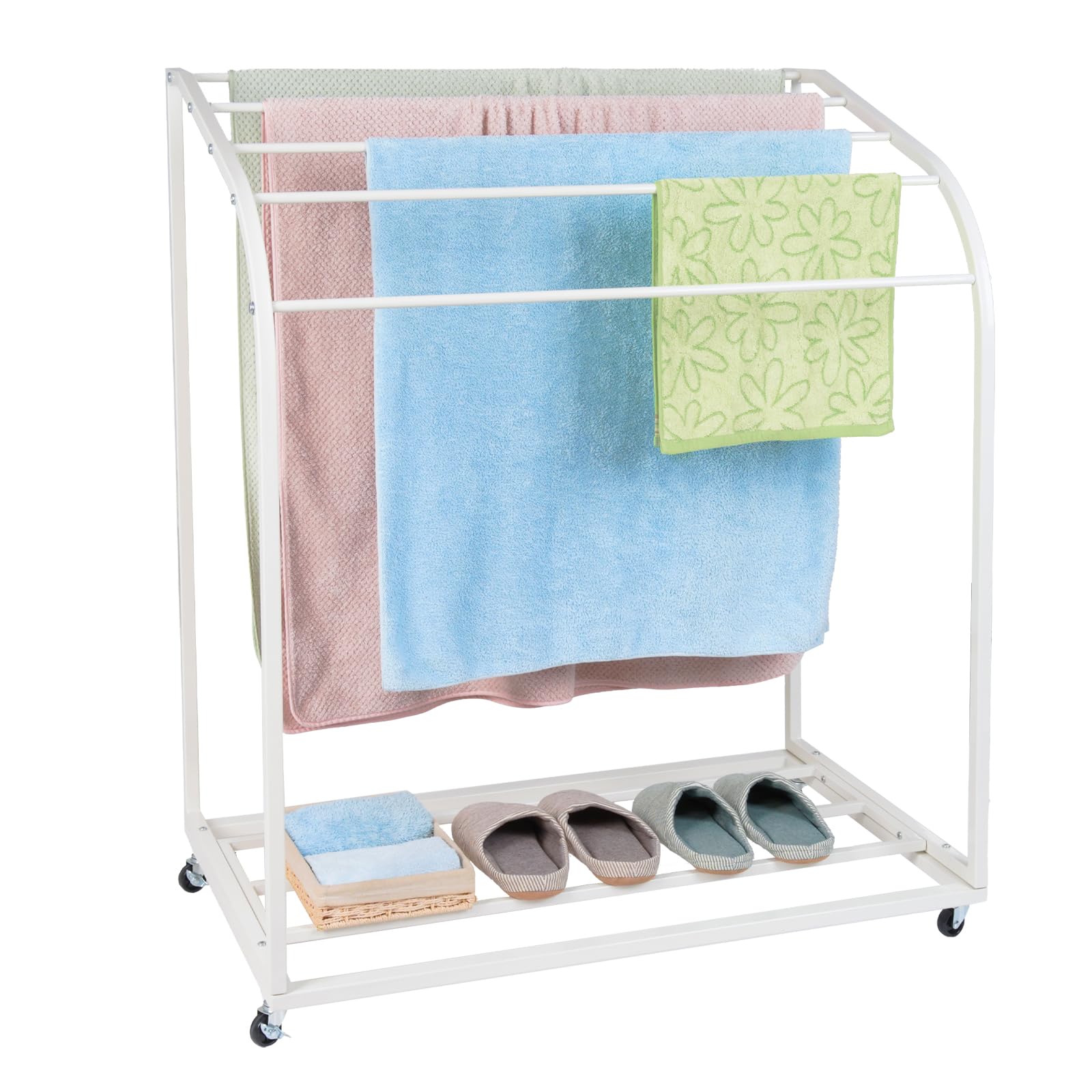 GAOMON Pool Towel Rack,Outdoor PVC Trapedozal Poolside Storage Organizer,5 Bar,Outdoor Towel Rack with Wheels,Pool Towel Holder,Stores Floats and Paddles, Towel Stand for Beach,Pool,Indoor,White