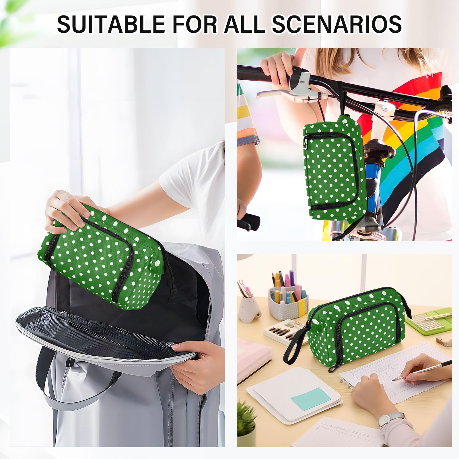 Yasala Pencil Case Polka Dot Gorgeous Green Pen Pouch Holder Art Kits Storage Bag Cosmetic Organizer Carrying Case for Office Supplies Travel Bag for Makeup Large Stationary Bag with Handle