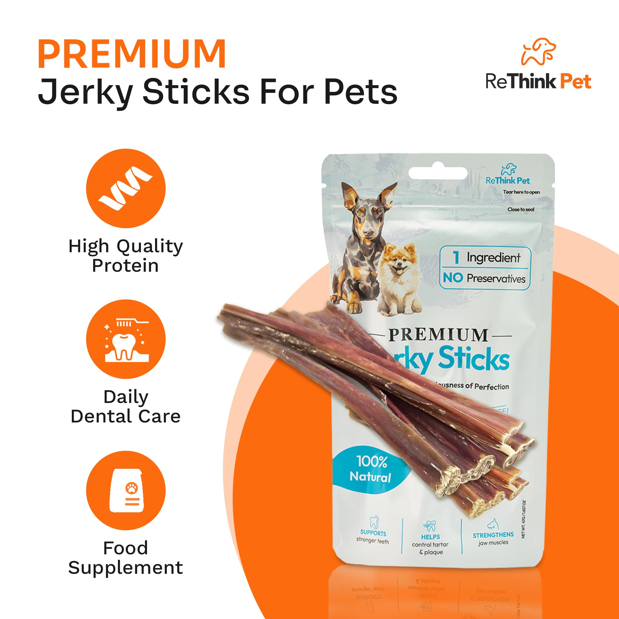 ReThink Pet Dog Jerky Treats Made in USA Only, Natural Beef Jerky, Long-Lasting Jerky Dog Treats for Pet's Dental Hygiene, All-Natural Dog Treats, 4-Pc Chew Sticks for Dogs, Dog Jerky Treats