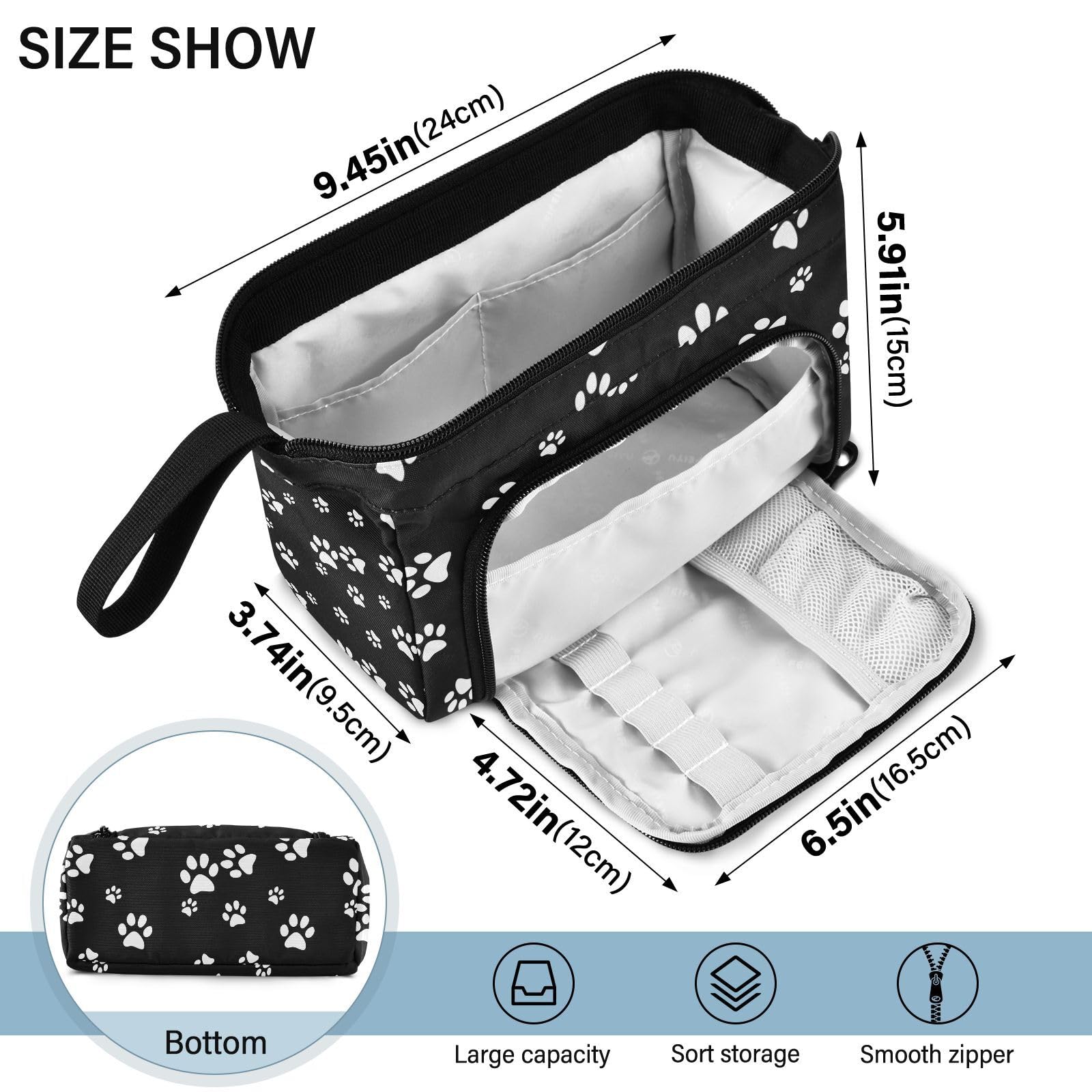 Yasala Pencil Case White Dog Cat Paw Print Black Pen Pouch Holder Art Kits Storage Bag Cosmetic Organizer Carrying Case for Office Supplies Travel Bag for Makeup Large Stationary Bag with Handle