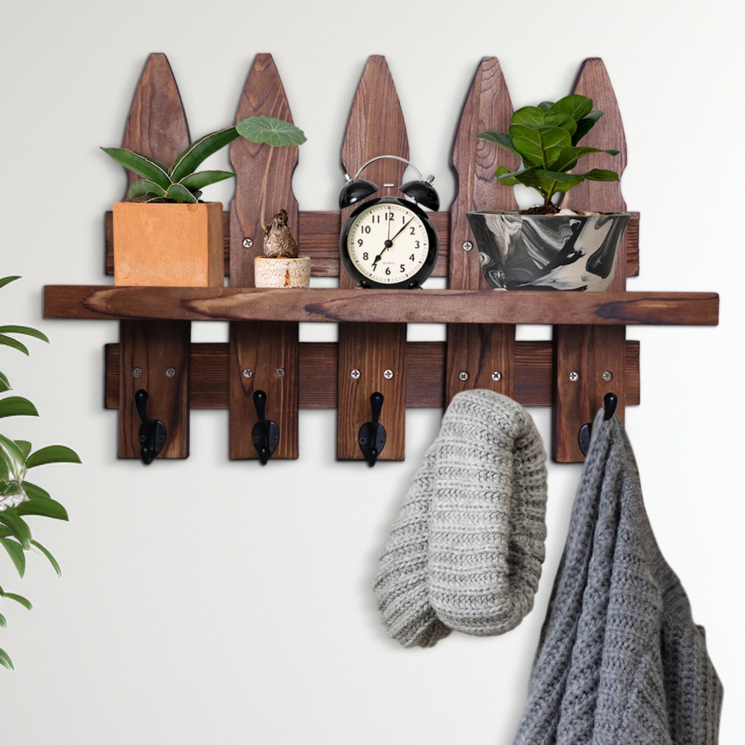 iHangers Coat Rack Wall Mount, Wall Hooks with Shelf, Retro Rustic Fence Style with 5 Hooks for Entryway, Living Room, Bathroom, Bedroom, Kitchen (Burnt wood)