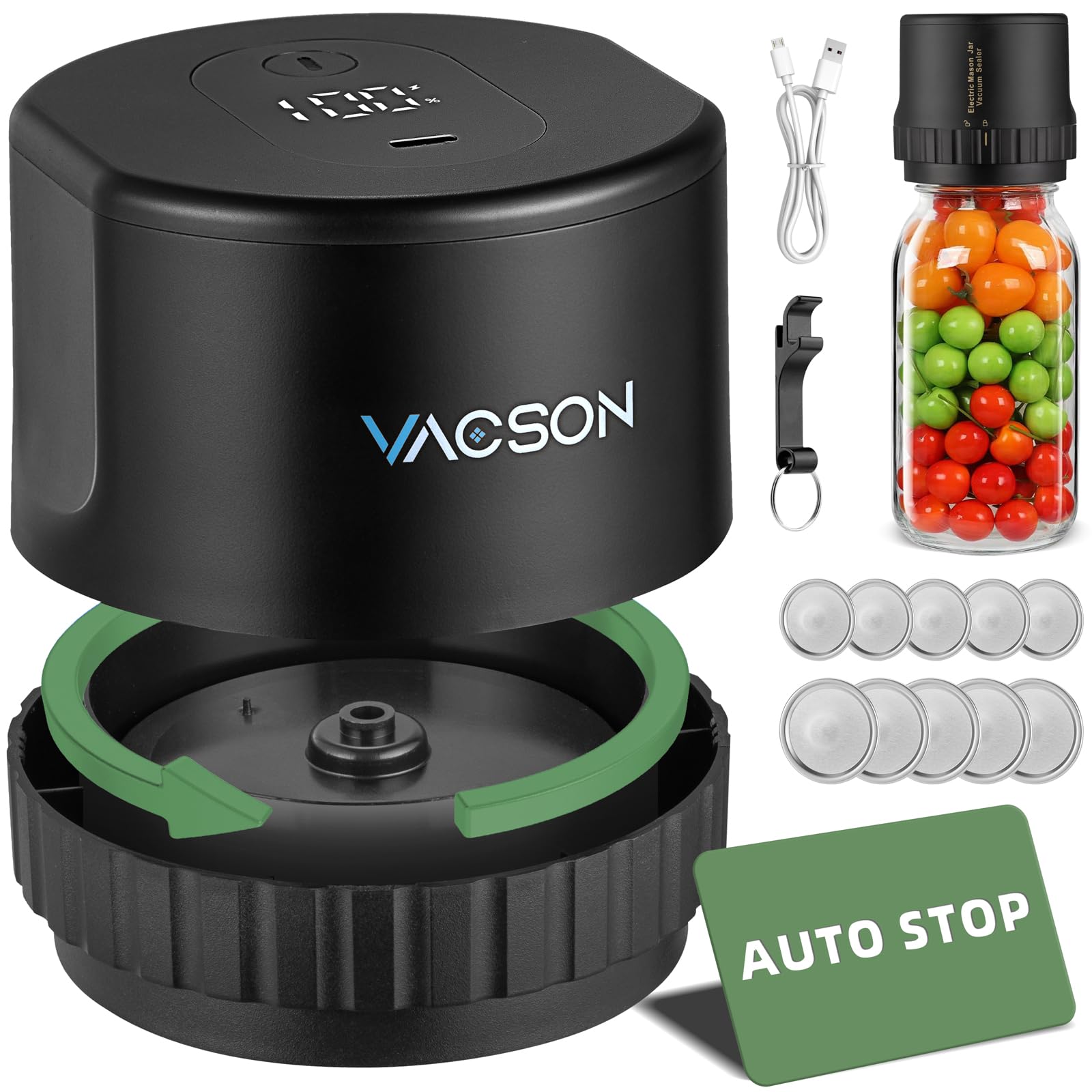 Vacson Upgraded Fully Automatic Electric Mason Jar Vacuum Sealer Kit for Wide & Regular Mouth Mason Jars, Canning Vacuum Sealer Mason Jar, Vacuum Sealer for Jars, food saver jar sealer for mason jars