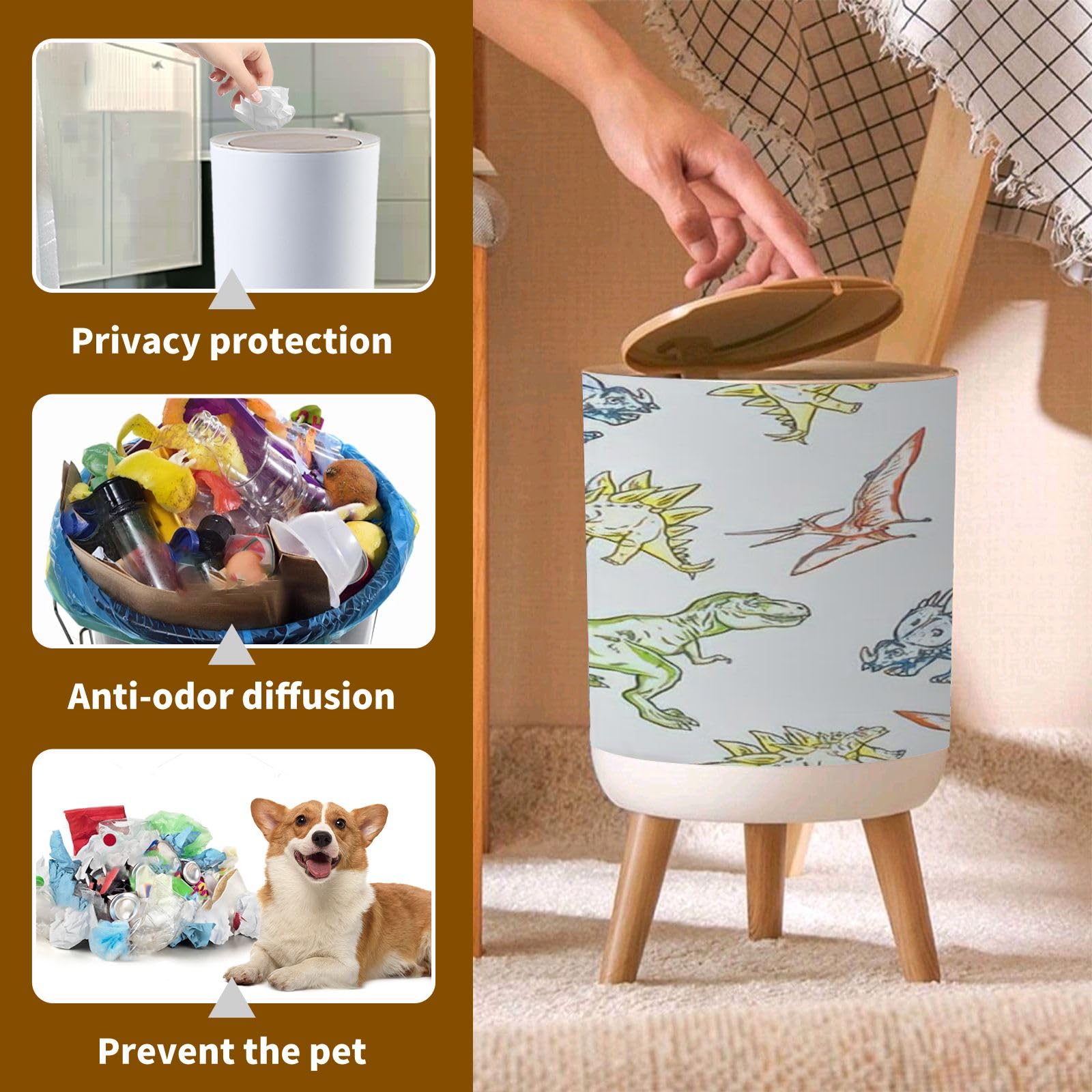 PHAIBHKERP Trash Can with Lid Seamless Pattern Cartoon Dinosaurs Elements Garbage Can Round Waste Bin Press Cover Dog Proof Wastebasket for Kitchen Bathroom Living Room Nursery 1.8gal, ljt