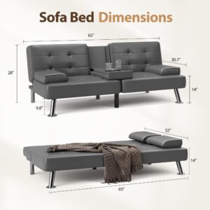 Shahoo Convertible Folding Futon Sofa Bed Sleeper Couch for Living Room Faux Leather Upholstered Loveseat w/Removable Armrests, Metal Legs, 2 Cup Holders, Gray