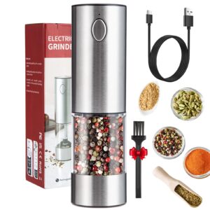 electric salt and pepper grinder, sdmxse rechargeable stainless steel automatic mills with washable 95ml container, led light, refillable electric salt shakers for kitchen, silver