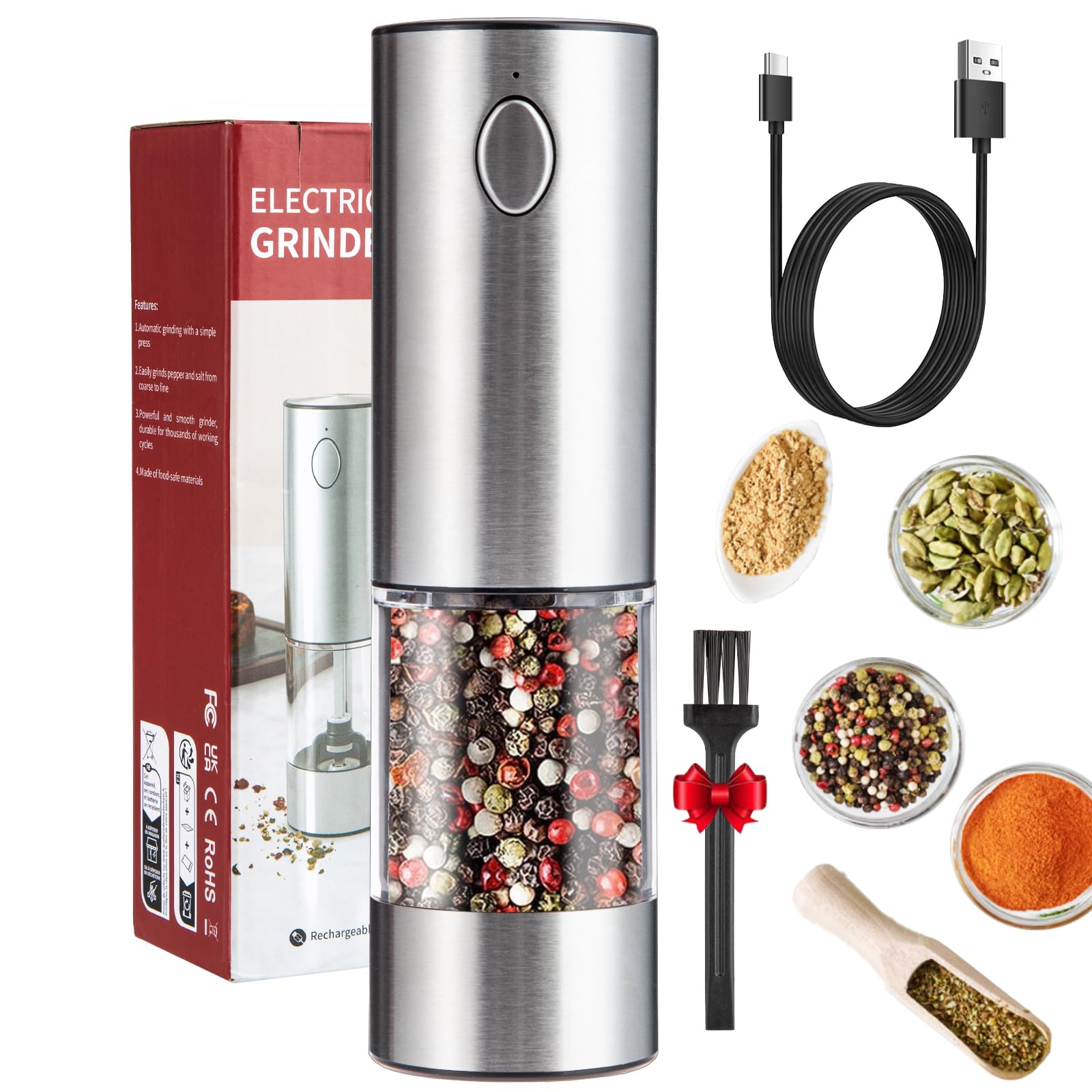 Electric Salt and Pepper Grinder, SDMXSE Rechargeable Stainless Steel Automatic Mills with Washable 95ml Container, LED Light, Refillable Electric Salt Shakers for Kitchen, Silver