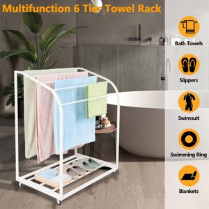 GAOMON Pool Towel Rack,Outdoor PVC Trapedozal Poolside Storage Organizer,5 Bar,Outdoor Towel Rack with Wheels,Pool Towel Holder,Stores Floats and Paddles, Towel Stand for Beach,Pool,Indoor,White