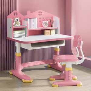 Kids Study Desk and Chair Set, Height Adjustable Kids School Desk, Cartoon Learning Desks, Kids Desk with Storage, Children Study Table with Storage, Castle Backboard, Bookshelf (Pink)