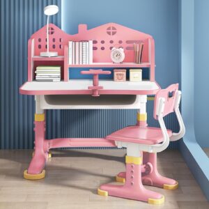 Kids Study Desk and Chair Set, Height Adjustable Kids School Desk, Cartoon Learning Desks, Kids Desk with Storage, Children Study Table with Storage, Castle Backboard, Bookshelf (Pink)