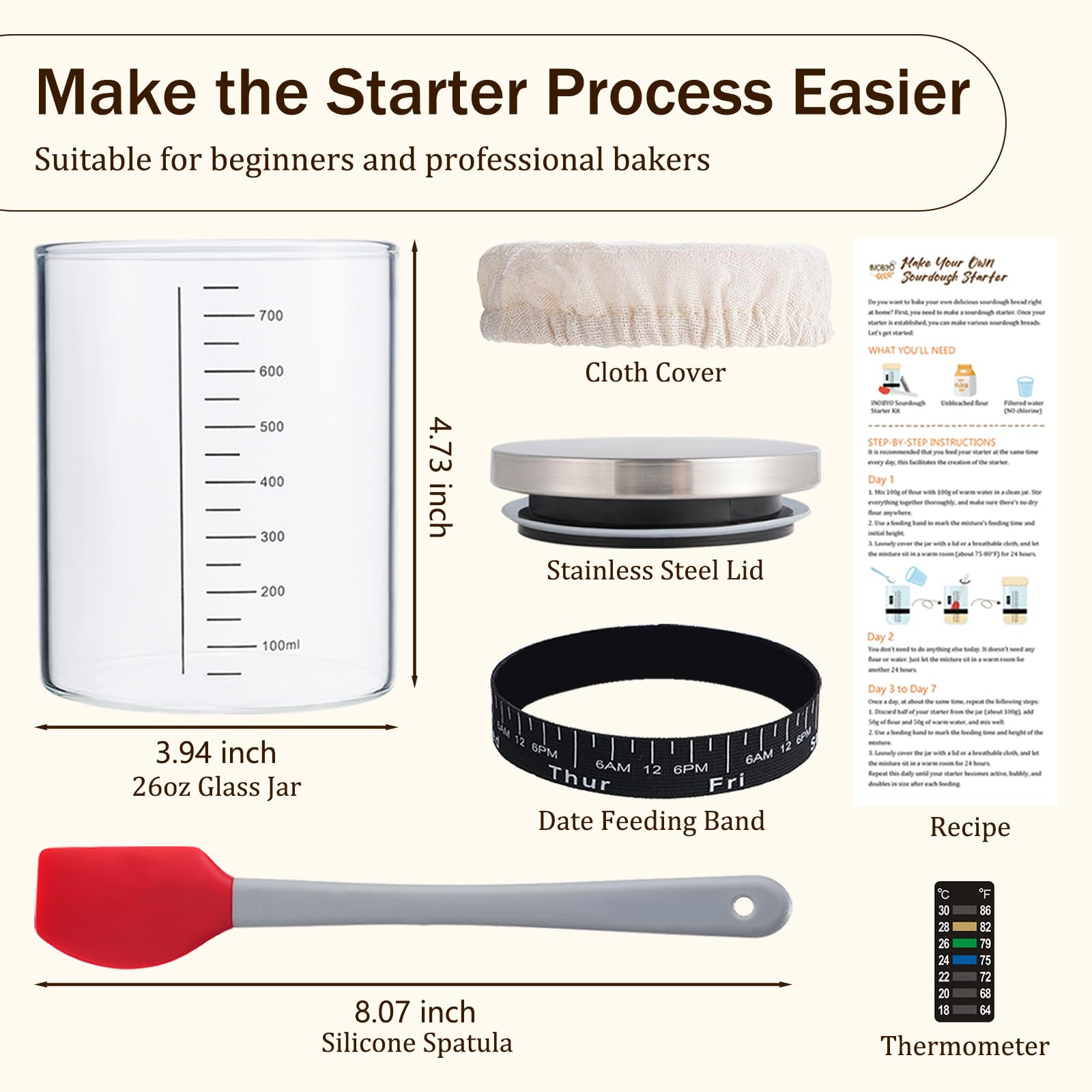 INOBYO Sourdough Starter Glass Jar Kit, 26 OZ Large Wide Mouth Jar for Sour Dough Starter, Easy to Use Sourdough Bread Baking Supplies for Beginners and Pro, 1 Pack