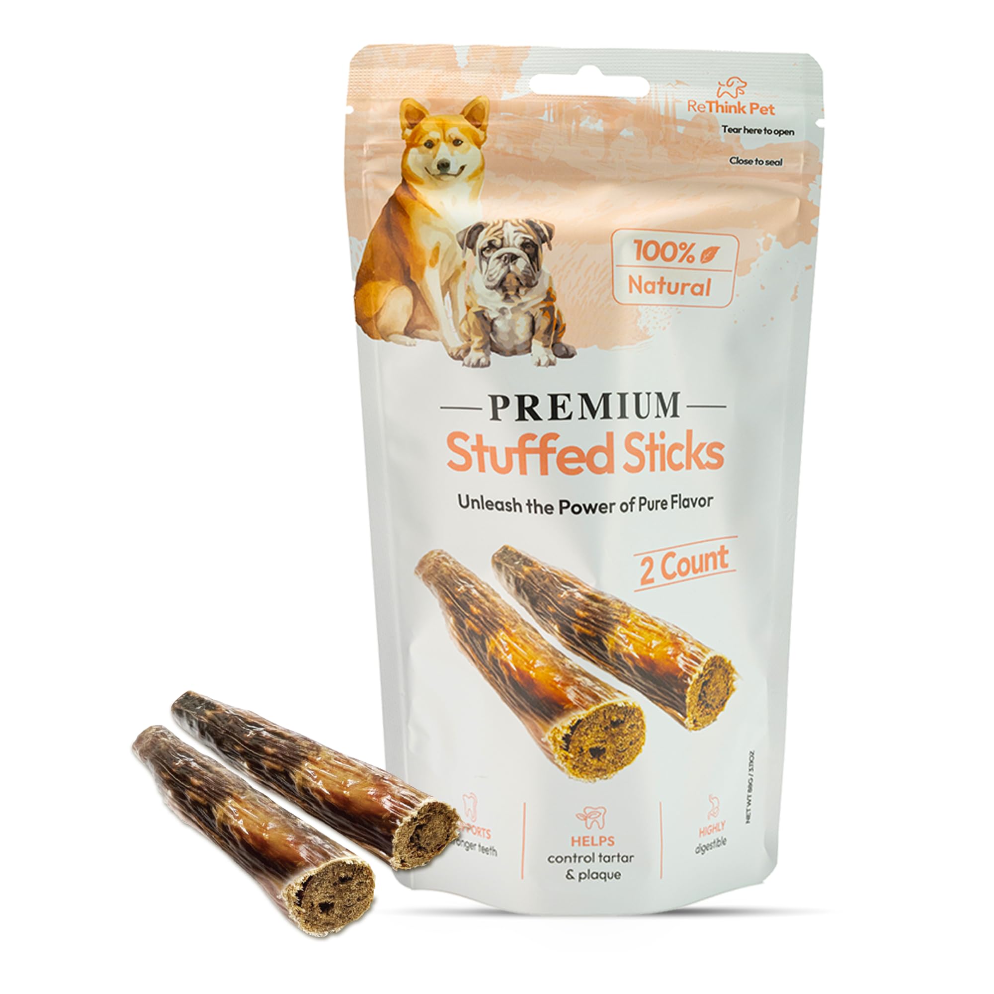 ReThink Pet Pack of 2 Dog Rawhide Sticks, Beef Stuffed, Odor-Free, All Natural, Healthy, Great Tasting Special Reward as Dog Treats, Long Lasting Dog Chew, Suitable for Puppy Small Dogs