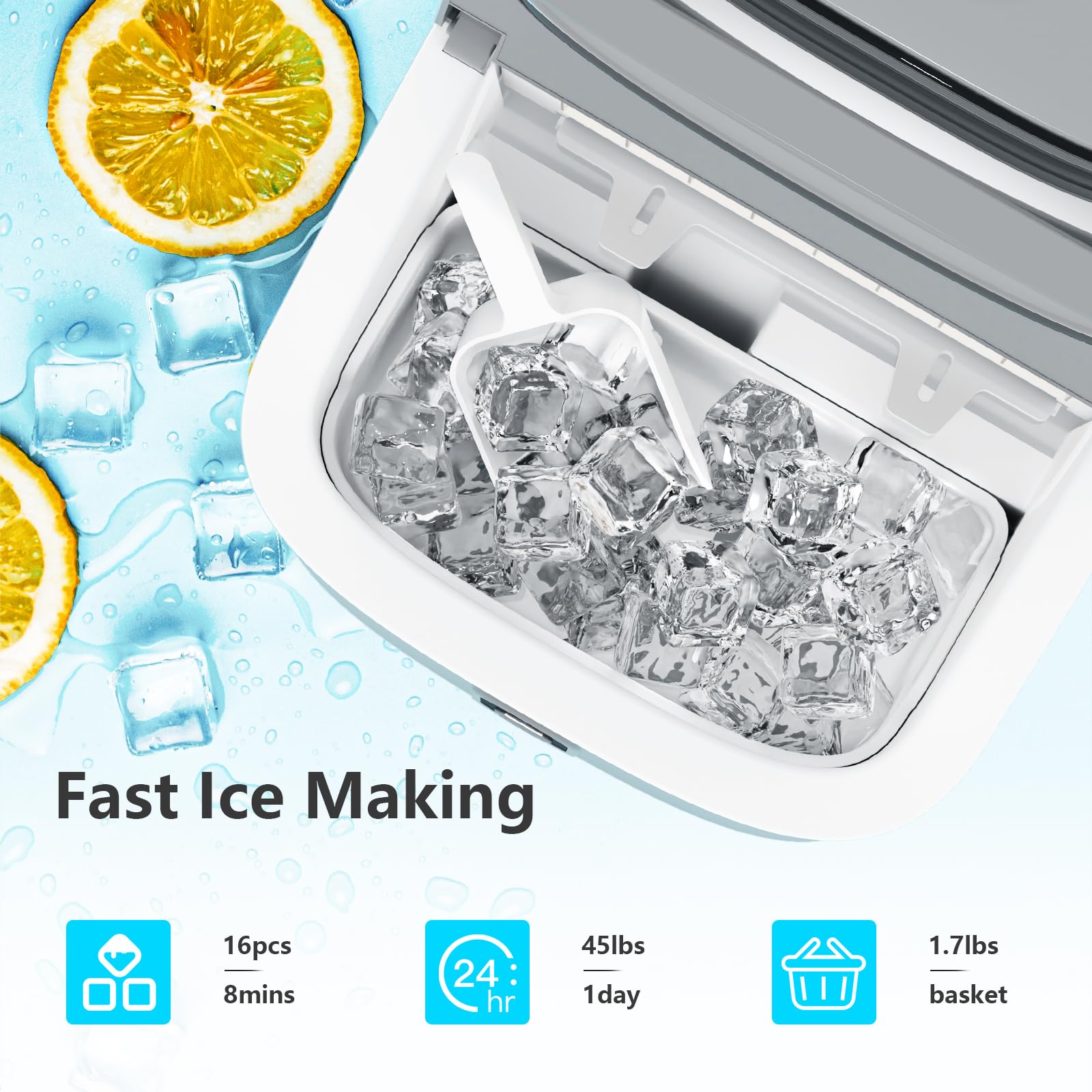 Antarctic Star Countertop Ice Maker Machine,45Lbs Square Ice Cubes in 24 Hrs,16 Ice Cubes Ready in 8 Mins with Self-claning,24H Timer Setting, Ice Scoop and Basket for Home Kitchen Office Bar, Grey