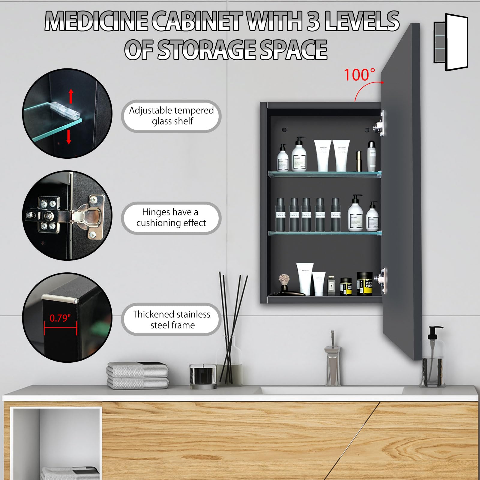 16" x 26" Black Bathroom Medicine Cabinet with Mirror, Recessed Rectangle Bathroom Medicine Cabinet with Stainless Steel Framed, Wall Mount Storage Cabinet for bathroom | 2 Adjustable Glass Shelves