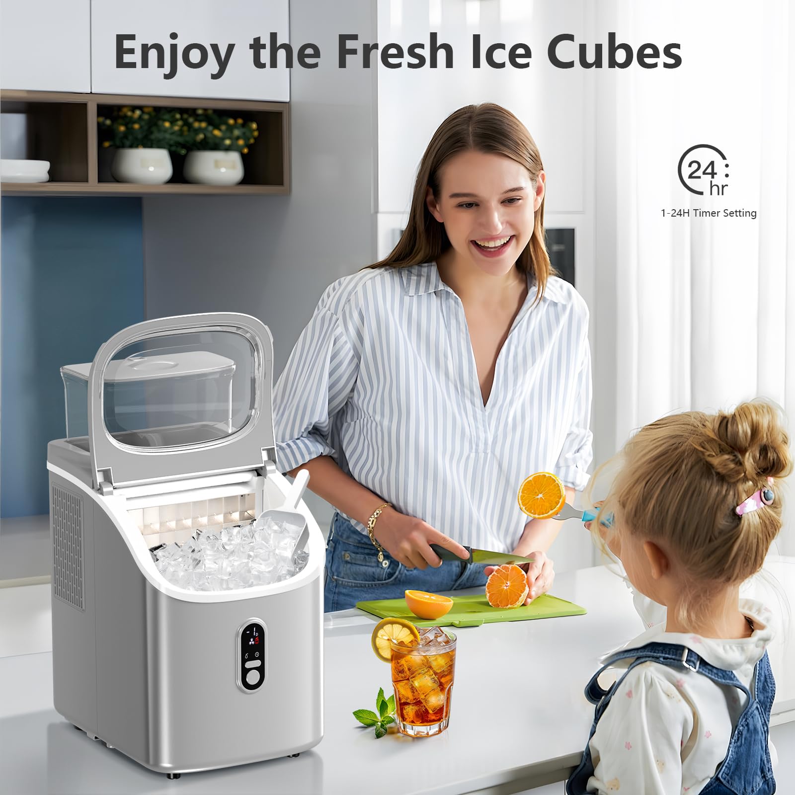 Antarctic Star Countertop Ice Maker Machine,45Lbs Square Ice Cubes in 24 Hrs,16 Ice Cubes Ready in 8 Mins with Self-claning,24H Timer Setting, Ice Scoop and Basket for Home Kitchen Office Bar, Grey