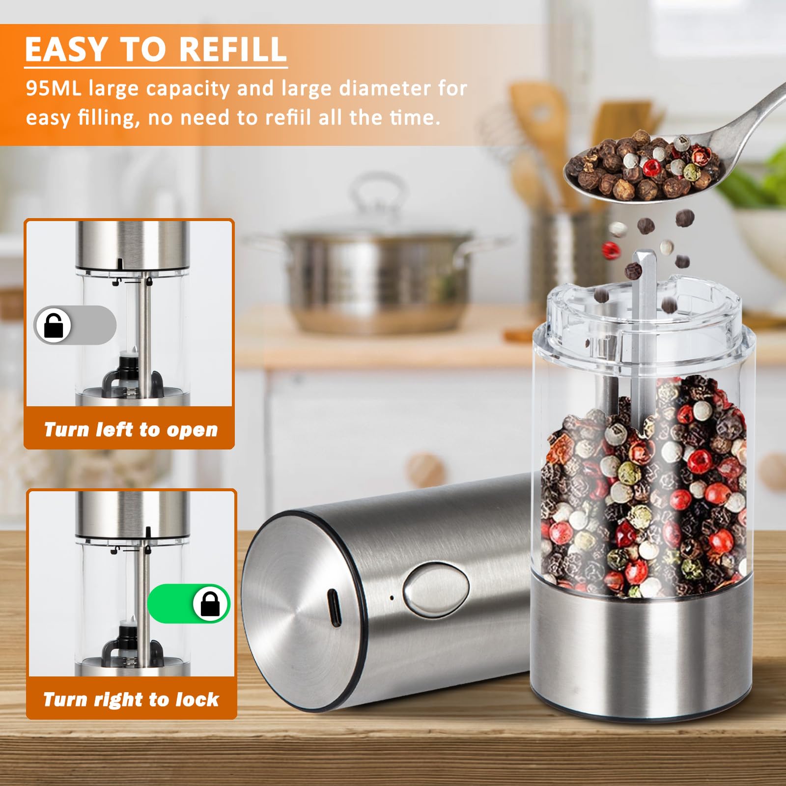 Electric Salt and Pepper Grinder, SDMXSE Rechargeable Stainless Steel Automatic Mills with Washable 95ml Container, LED Light, Refillable Electric Salt Shakers for Kitchen, Silver