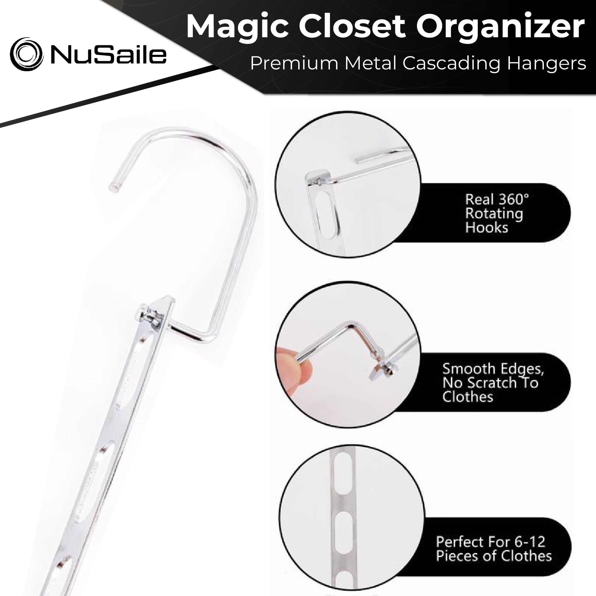 NuSaile Collapsible Clothes Hanger Organizer - 6 Holes Space Saving Hangers for Clothes - Premium Metal Cascading Hangers - Magic Closet Organizer - Vertical Hangers for Closet Organization - 12 pc