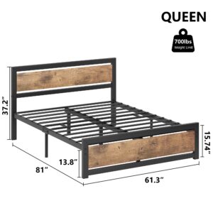 IDEALHOUSE Queen Size Bed Frame Platform, Industrial Queen Bedframe with Wooden Headboard and Footboard No Box Spring Needed, 14 inch Easy Assemble Noise Free Mattress Frame, Queen