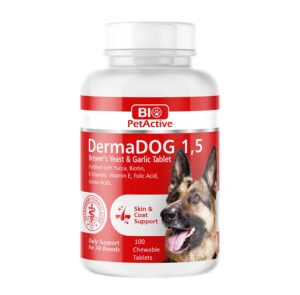 dermadog 1.5, inactive brewer's yeast garlic chewable tablets, vitamins b-e, folic acid and amino acids, 5.07 oz,100 tablets, pack of 1