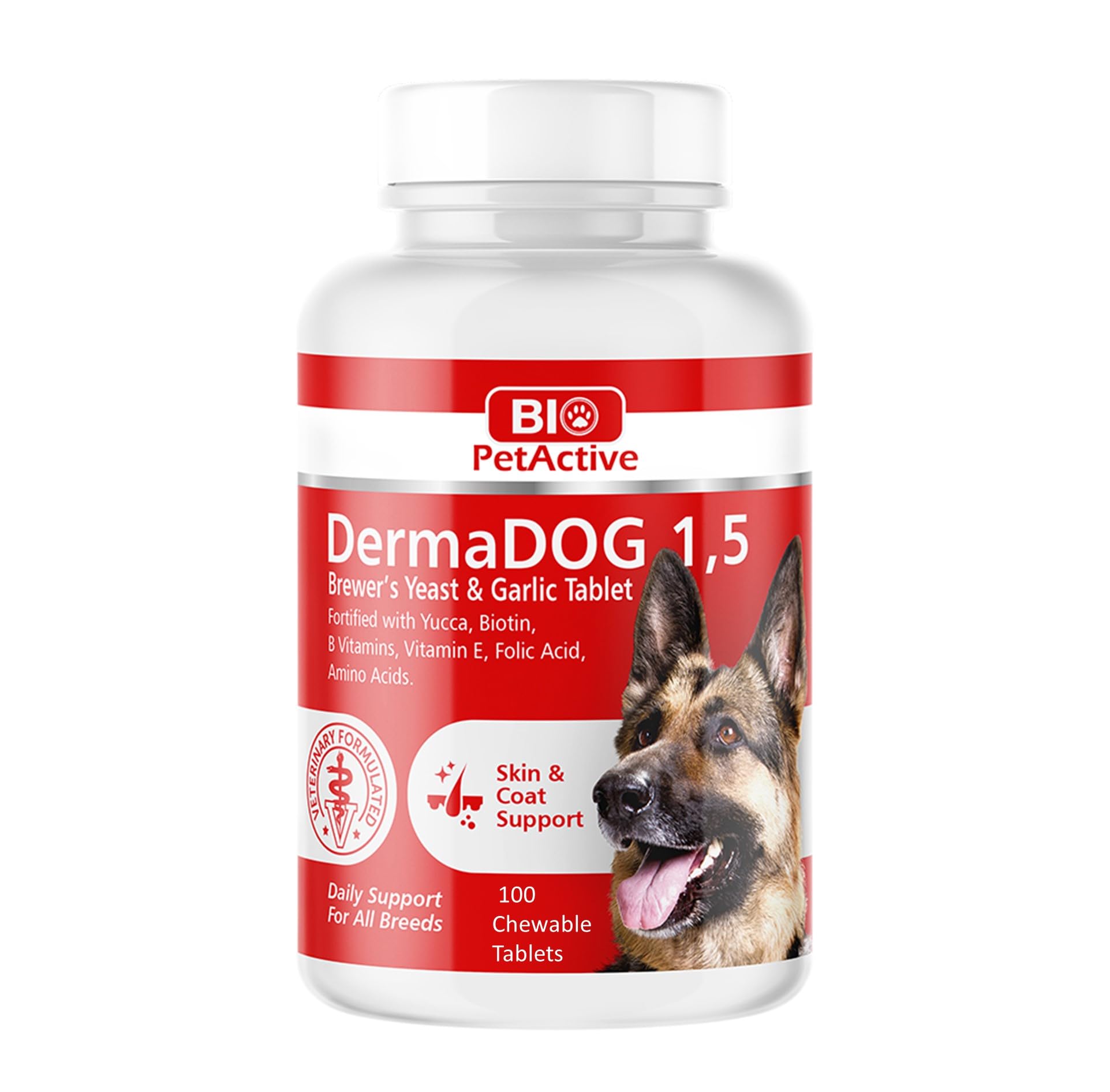 Dermadog 1.5, Inactive Brewer's Yeast Garlic Chewable Tablets, Vitamins B-E, Folic Acid and Amino Acids, 5.07 oz,100 Tablets, Pack of 1