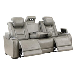 New Classic Furniture Breckenridge Leather Sofa with Power Footrest and Headrest, Light Gray