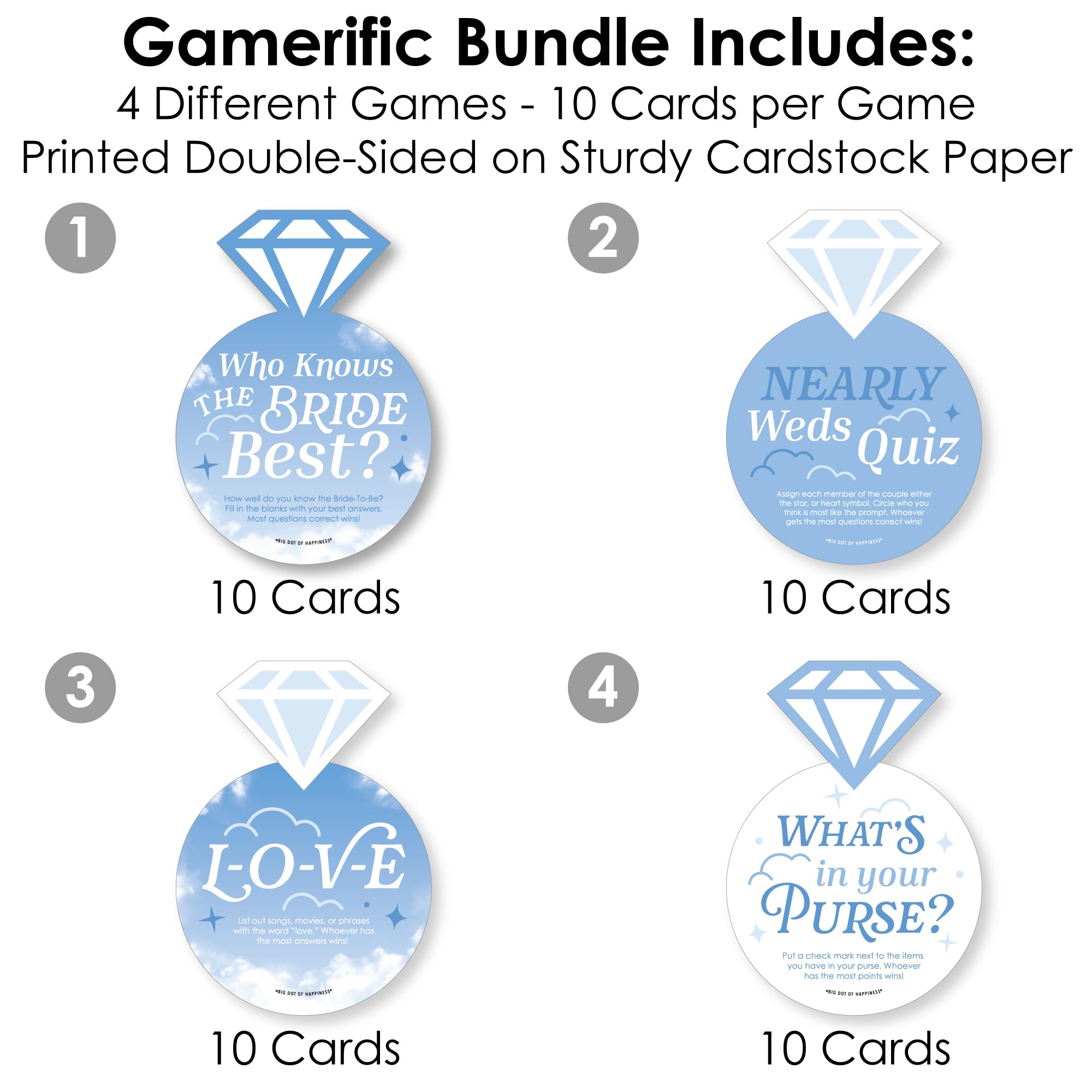 Big Dot of Happiness On Cloud 9-4 Bridal Shower Games - 10 Cards Each - Who Knows The Bride Best, Bride or Groom Quiz, Whats in Your Purse and Love - Gamerific Bundle