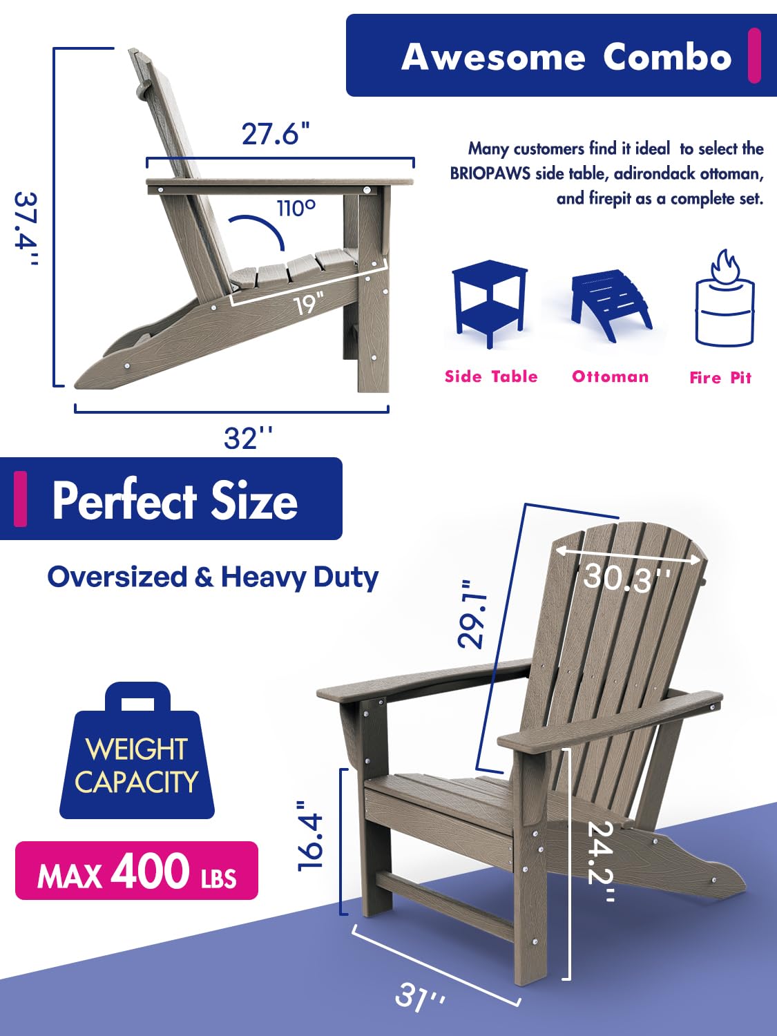 BRIOPAWS Adirondack-Chairs-Set of 2 | Wood Grain | Fire Pit Chair | Oversized | HDPE Plastic | Weather Resistant | for Deck Outdoor Poolside Campfire