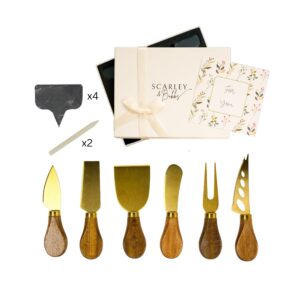 12-pc Gold Cheese Knife Set for Charcuterie Board - Cheese Knives + Slate Label + Soapstone - Stainless Steel Charcuterie Accessories, Utensils, Bamboo Handle - Charcuterie Boards Accessories