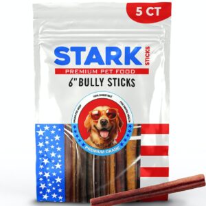 stark sticks 6'' natural bully sticks for small, medium, large dogs - 100% grass-fed beef, chews sticks for dogs, treats, long lasting - fully digestible,(standard 5 count)