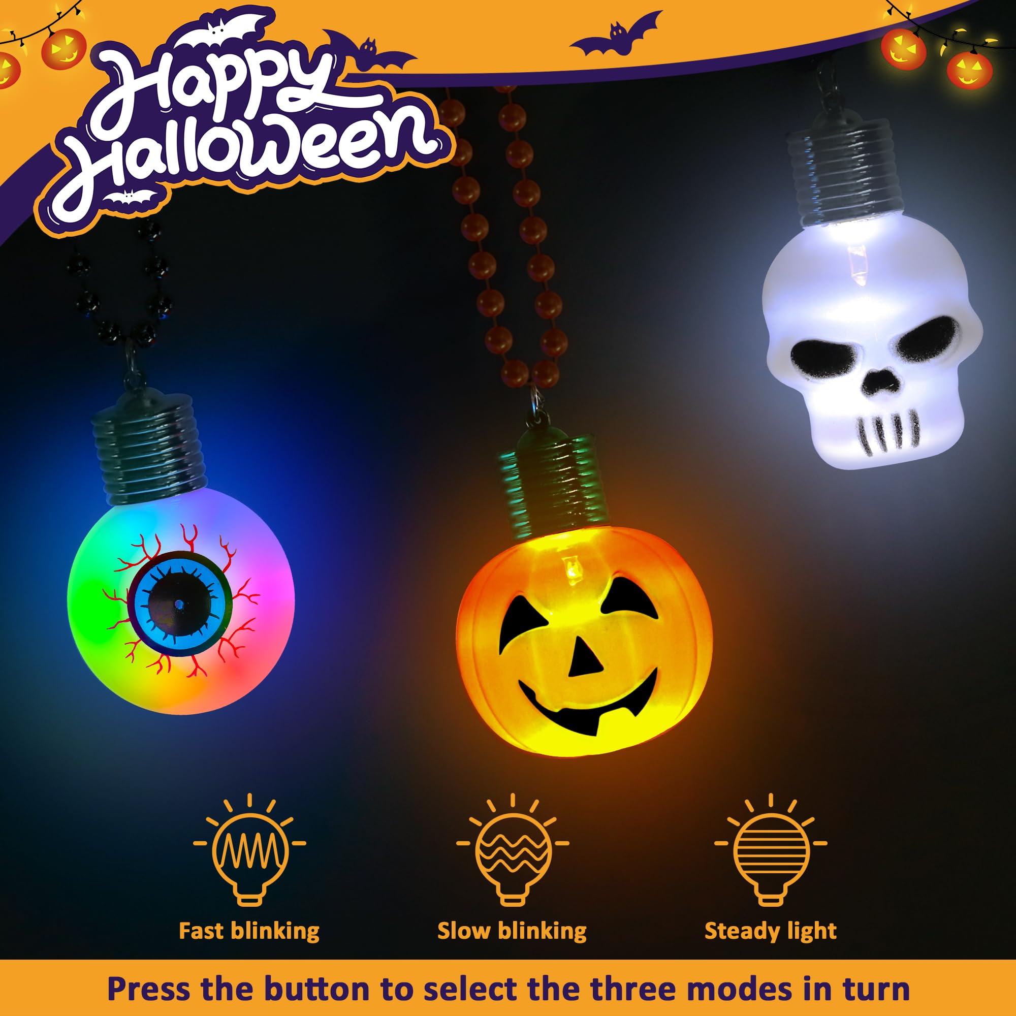 3PCS Halloween Necklace Party Favors, Halloween Light up Skulls Pumpkins Necklace, Glow in Dark Necklace with 3D Blub Pendant, Halloween Festival Accessories for Trick or Treat Party Supplies Decor