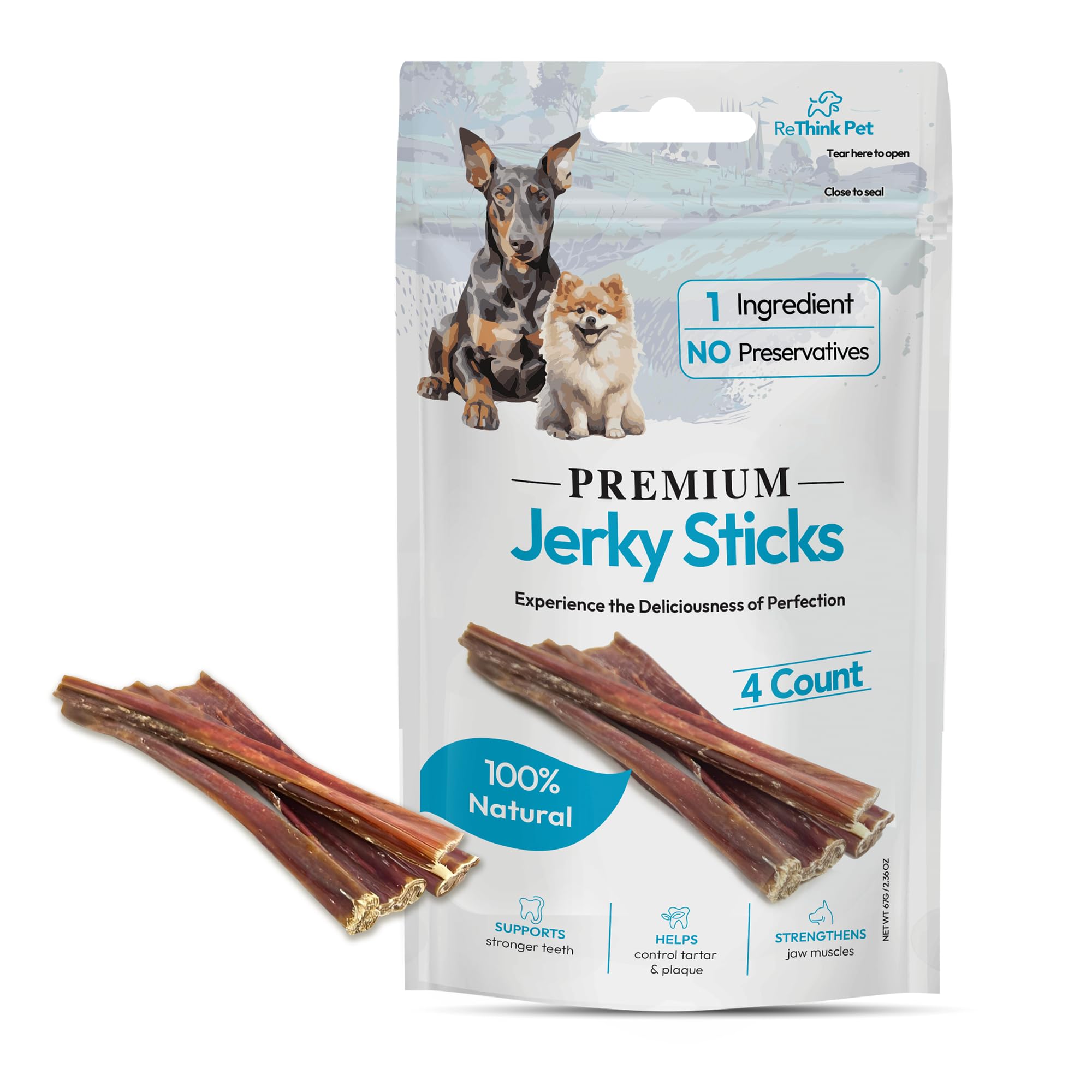 ReThink Pet Dog Jerky Treats Made in USA Only, Natural Beef Jerky, Long-Lasting Jerky Dog Treats for Pet's Dental Hygiene, All-Natural Dog Treats, 4-Pc Chew Sticks for Dogs, Dog Jerky Treats