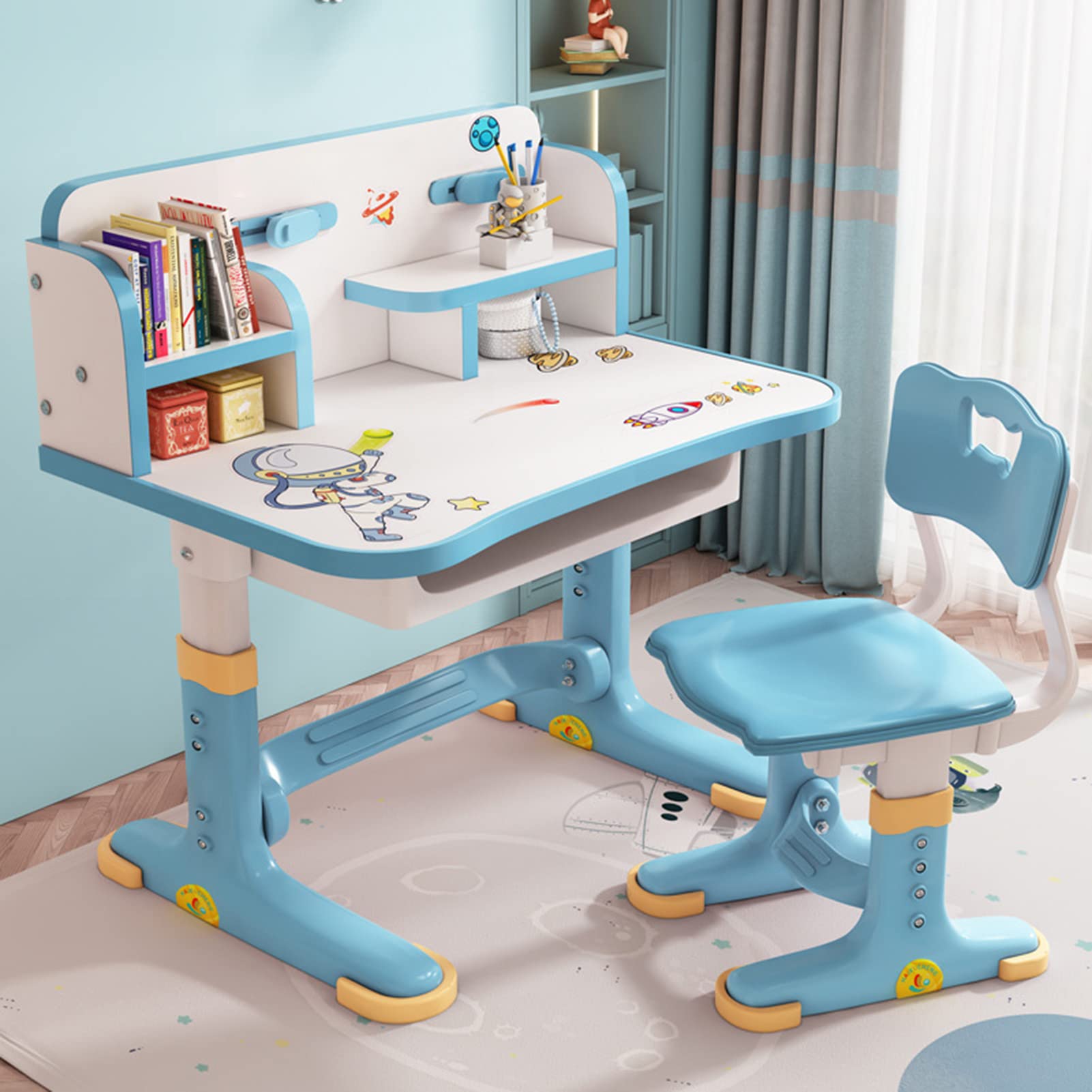 Kids Study Desk and Chair Set, Height Adjustable Kids School Desk, Cartoon Learning Desks, Kids Desk with Storage, Children Study Table with Storage, Bookshelf (Blue)