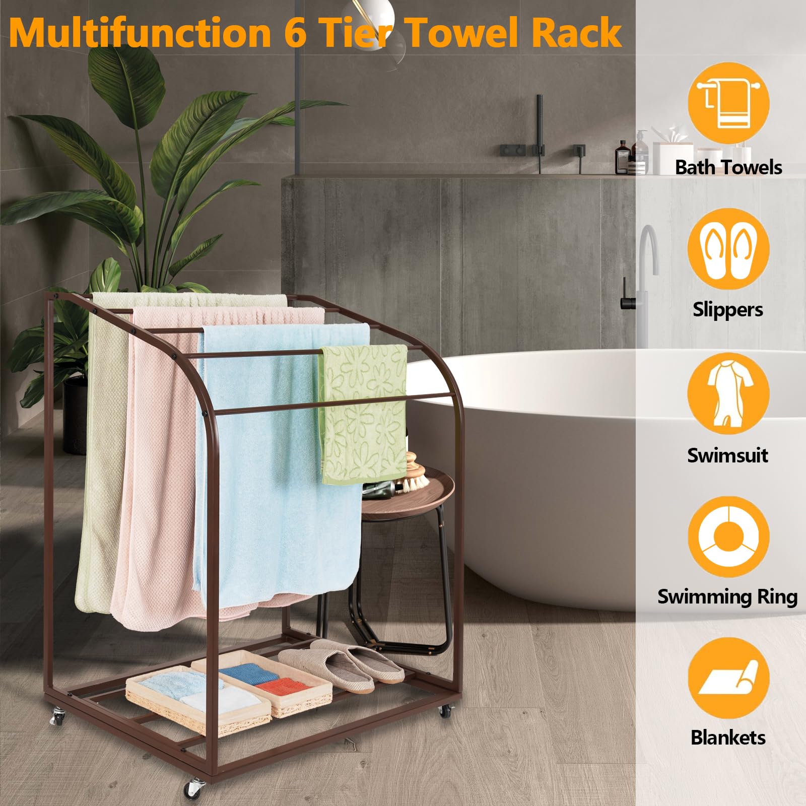 GAOMON Pool Towel Rack,Outdoor PVC Trapedozal Poolside Storage Organizer,5 Bar,Outdoor Towel Rack with Wheels,Pool Towel Holder,Stores Floats and Paddles, Towel Stand for Beach,Pool,Indoor,Brown