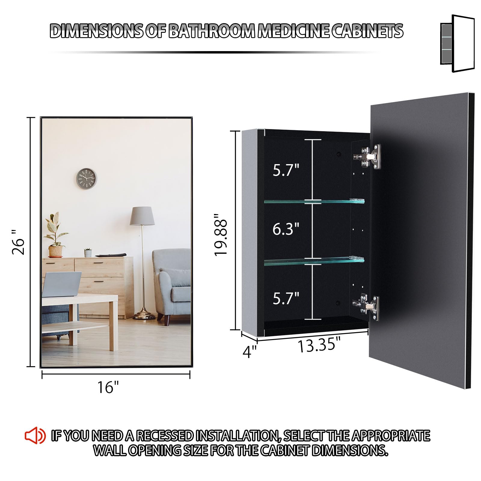 16" x 26" Black Bathroom Medicine Cabinet with Mirror, Recessed Rectangle Bathroom Medicine Cabinet with Stainless Steel Framed, Wall Mount Storage Cabinet for bathroom | 2 Adjustable Glass Shelves