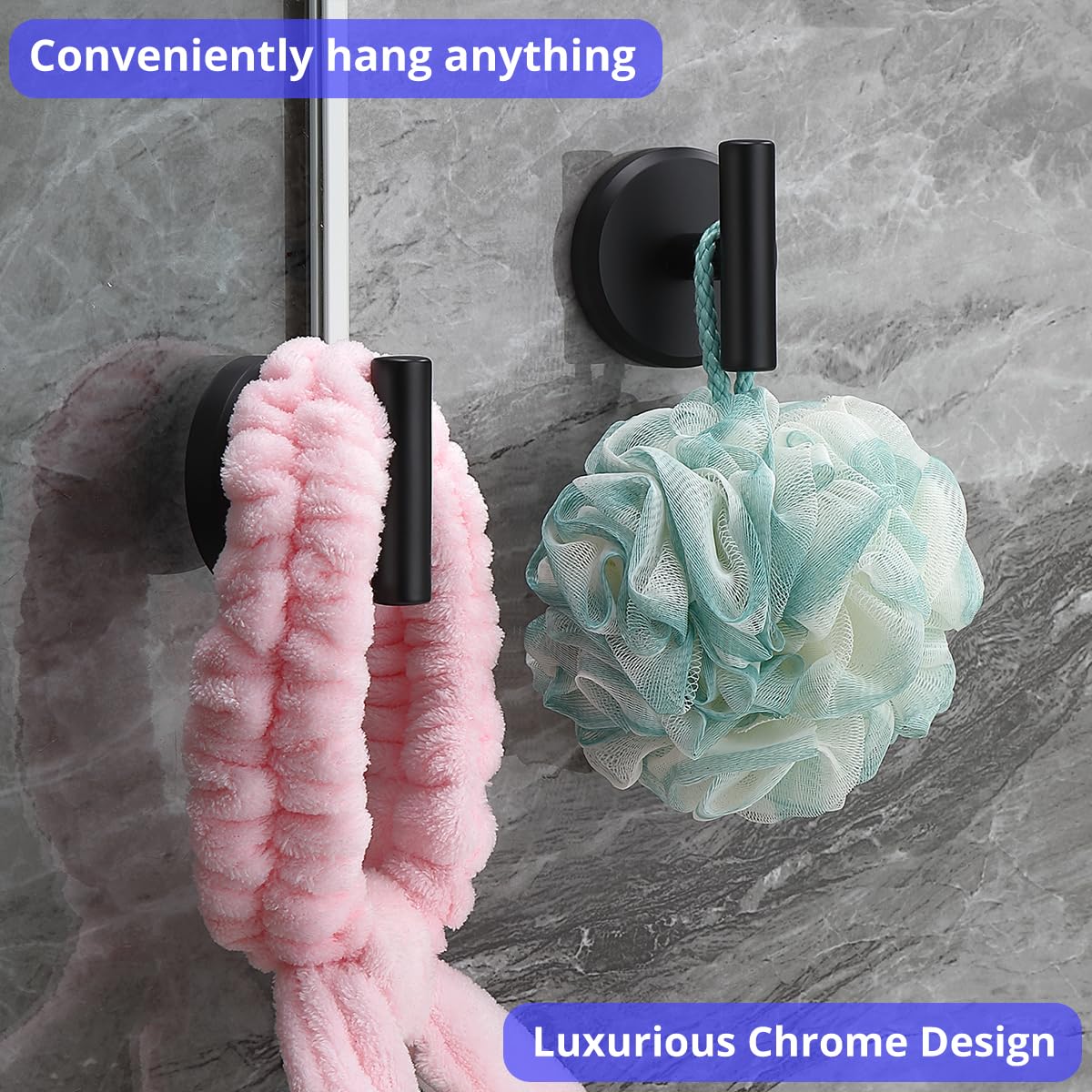 HOME SO Suction Cup Hooks T Shape for Shower, Bathroom, Glass Door, Mirror, Tile – Loofah, Towel, Coat, Bath Robe Hook Holder for Hanging up to 15 lbs – Waterproof & Rustproof, Black Matte (2-Pack)