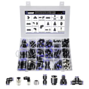 96pcs quick connect air hose fitting kit, npt 1/4,3/16, 5/32,3/8,1/8,1/2,5/8" push to connect fittings air line pneumatic fittings kit connectors for automotive car or industrial workshops