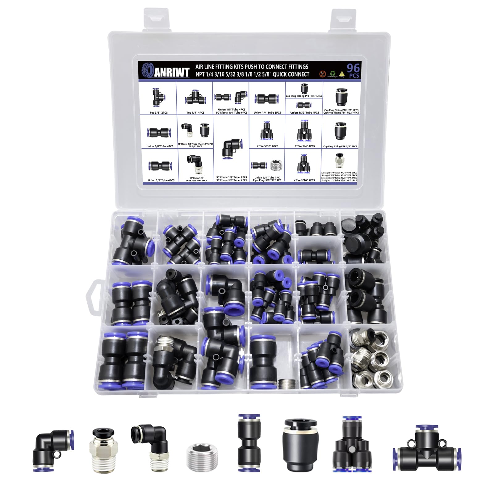 96Pcs Quick Connect Air Hose Fitting Kit, NPT 1/4,3/16, 5/32,3/8,1/8,1/2,5/8" Push To Connect Fittings Air Line Pneumatic Fittings Kit Connectors for Automotive Car or Industrial Workshops