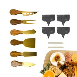 12-pc gold cheese knife set for charcuterie board - cheese knives + slate label + soapstone - stainless steel charcuterie accessories, utensils, bamboo handle - charcuterie boards accessories