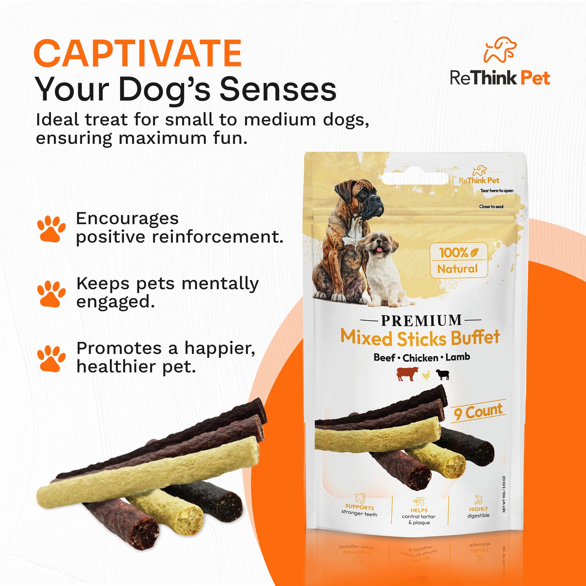 ReThink Pet Pack of 9 Rawhide Sticks Protein Rich with Beef, Lamb & Chicken, All Natural, Healthy, Great Tasting Special Reward as Dog Treats, Long Lasting Dog Chew, Suitable for Puppy Small Dogs