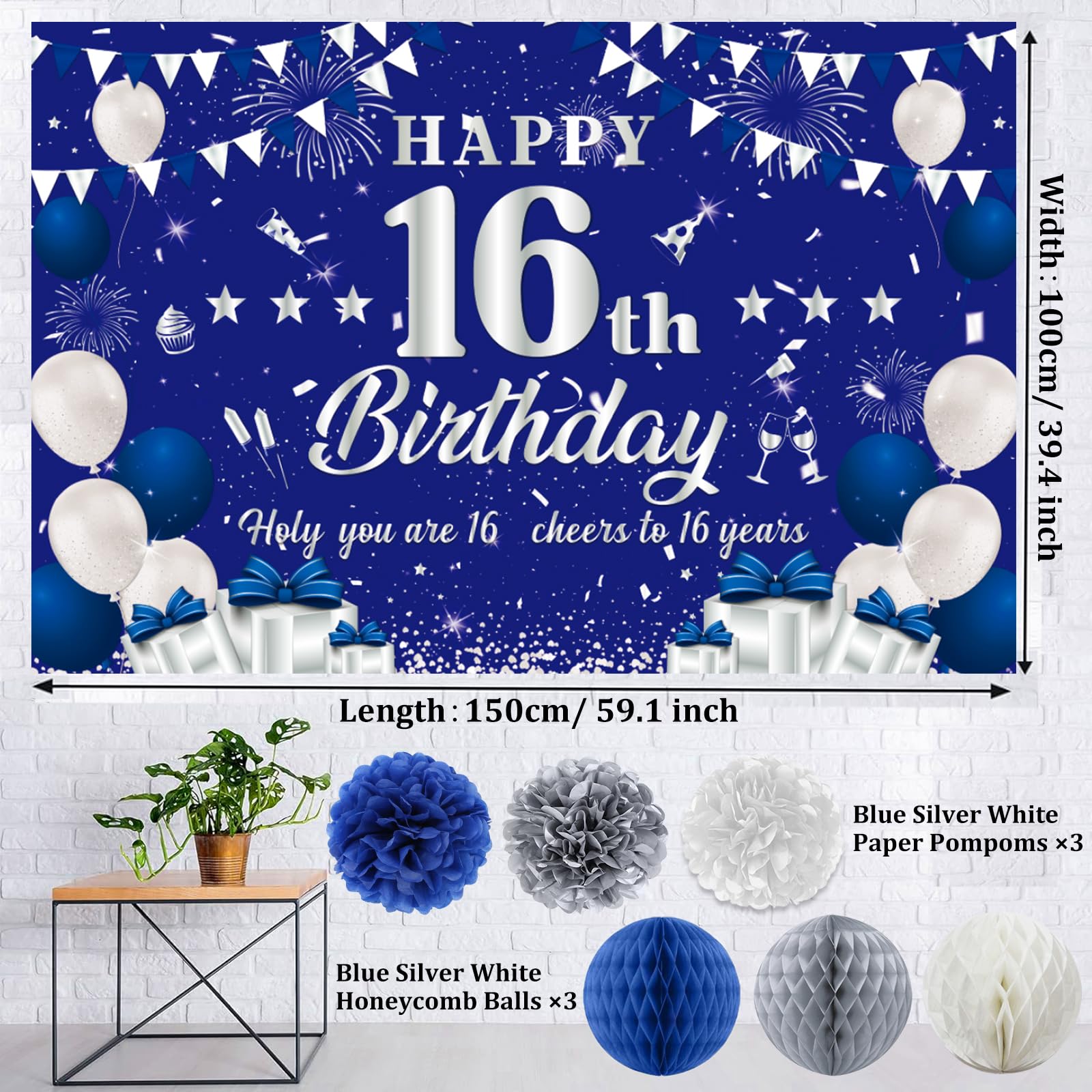 16th Birthday Decorations for Boys Girls, Blue Silver Sweet 16th Birthday Party Decorations, Happy 16th Birthday Backdrop, Banner, Balloons, Pompoms, Hanging Swirls, Birthday Card, Cake Topper 54pcs