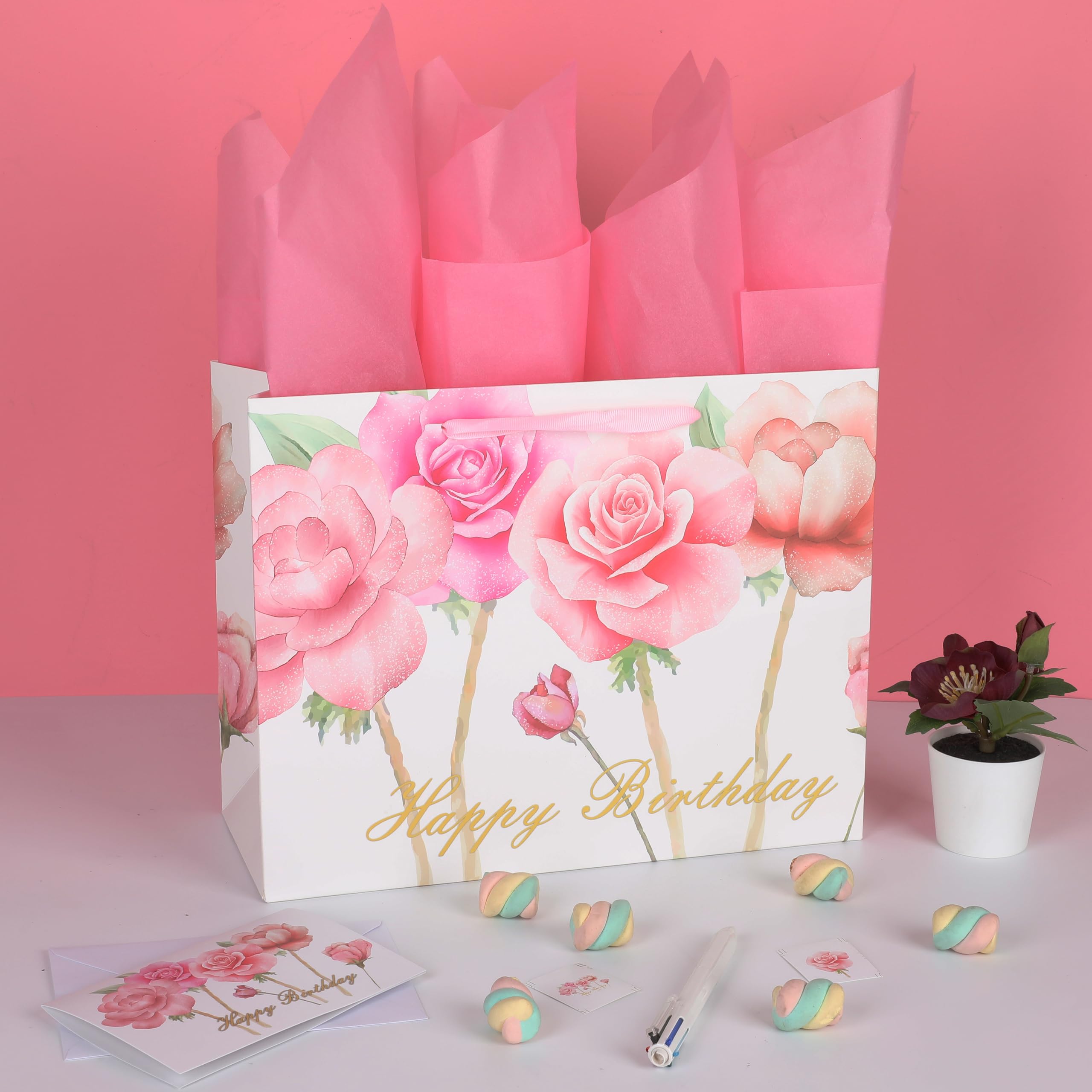 13" Large Pink Gift Bag Set with Greeting Card and Tissue Papers (Roses Design) Women's Birthday Party, Girls' Parties, Baby Shower, Baby Girl - 13”x5.2”x10.2”, 1 Pcs.