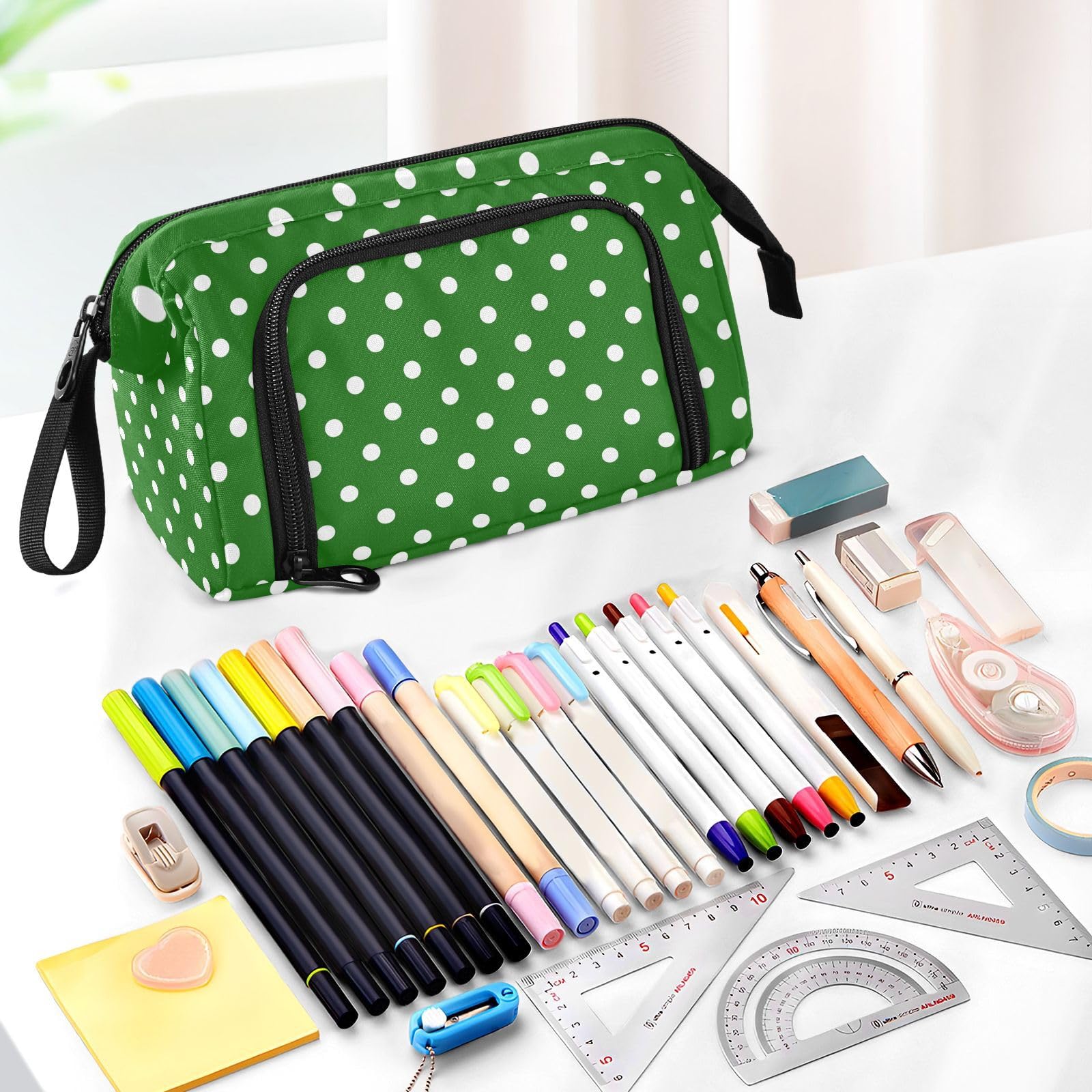 Yasala Pencil Case Polka Dot Gorgeous Green Pen Pouch Holder Art Kits Storage Bag Cosmetic Organizer Carrying Case for Office Supplies Travel Bag for Makeup Large Stationary Bag with Handle