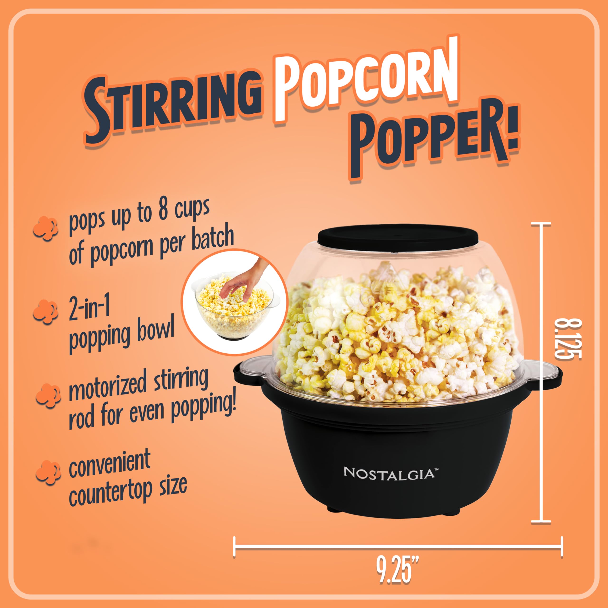 Nostalgia 2-Quart Stirring Popcorn Popper - Quick-Heat Technology - Makes 8 Cups of Popcorn - Includes Kernel Measuring Cup - Perfect for Birthday Parties, Movie Nights, and More - Black