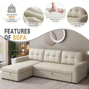 Favfurish Convertible Sectional Sofa L-Shape Sleeper Couch with Storage Chaise 3 Back Cushions and Pull-Out Bed for Living Room, Apartment,Small Spaces,Office,81.5",(Beige)