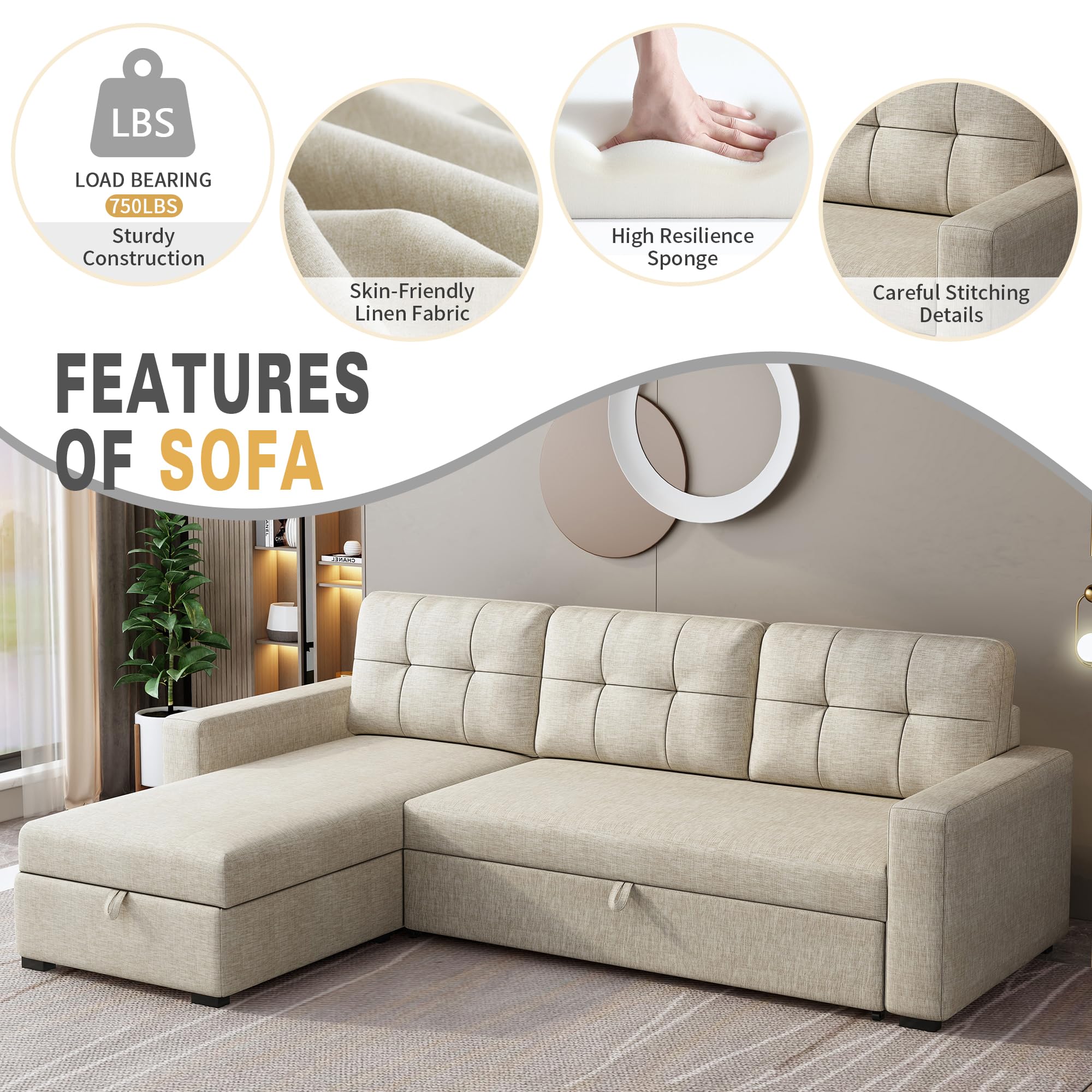 YOPTO 81.5" L-Shape Upholstered Sleeper Sectional Sofa with Storage Chaise & Pull Out Bed,Convertible Corner Couch Bed W/ 3 Removable Back Cushions for Living Room,Office,Beige