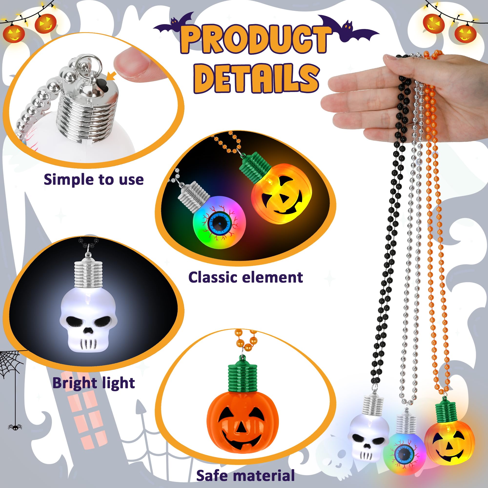 3PCS Halloween Necklace Party Favors, Halloween Light up Skulls Pumpkins Necklace, Glow in Dark Necklace with 3D Blub Pendant, Halloween Festival Accessories for Trick or Treat Party Supplies Decor