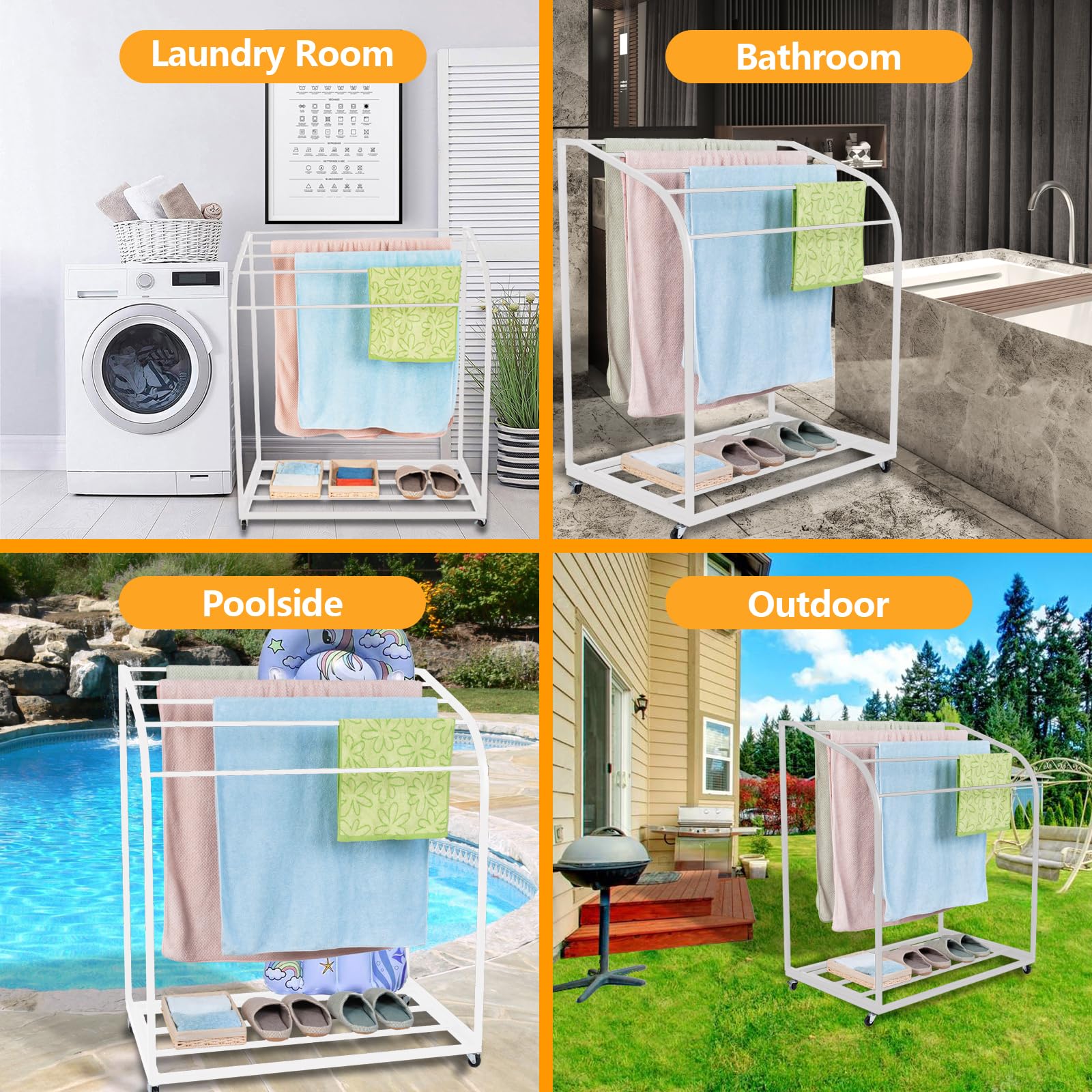 GAOMON Pool Towel Rack,Outdoor PVC Trapedozal Poolside Storage Organizer,5 Bar,Outdoor Towel Rack with Wheels,Pool Towel Holder,Stores Floats and Paddles, Towel Stand for Beach,Pool,Indoor,White