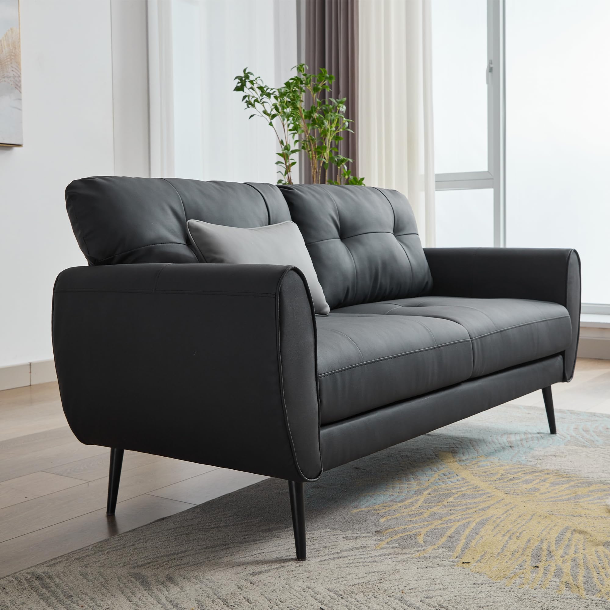 TYBOATLE Sofa Couch 61" Small Loveseat Couches for Living Room Leather Couch Mid Century Modern Tufted Mini Sofa Comfy Office 2 Seat Settee Love Seat Small Couches for Small Spaces Bedroom (1, Black)