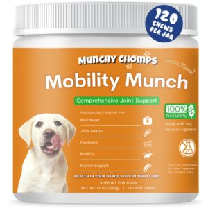 munchy chomps joint mobility for dogs - comprehensive joint support with curcumin, msm & glucosamine - aids flexibility & muscle support for all breeds (bacon)