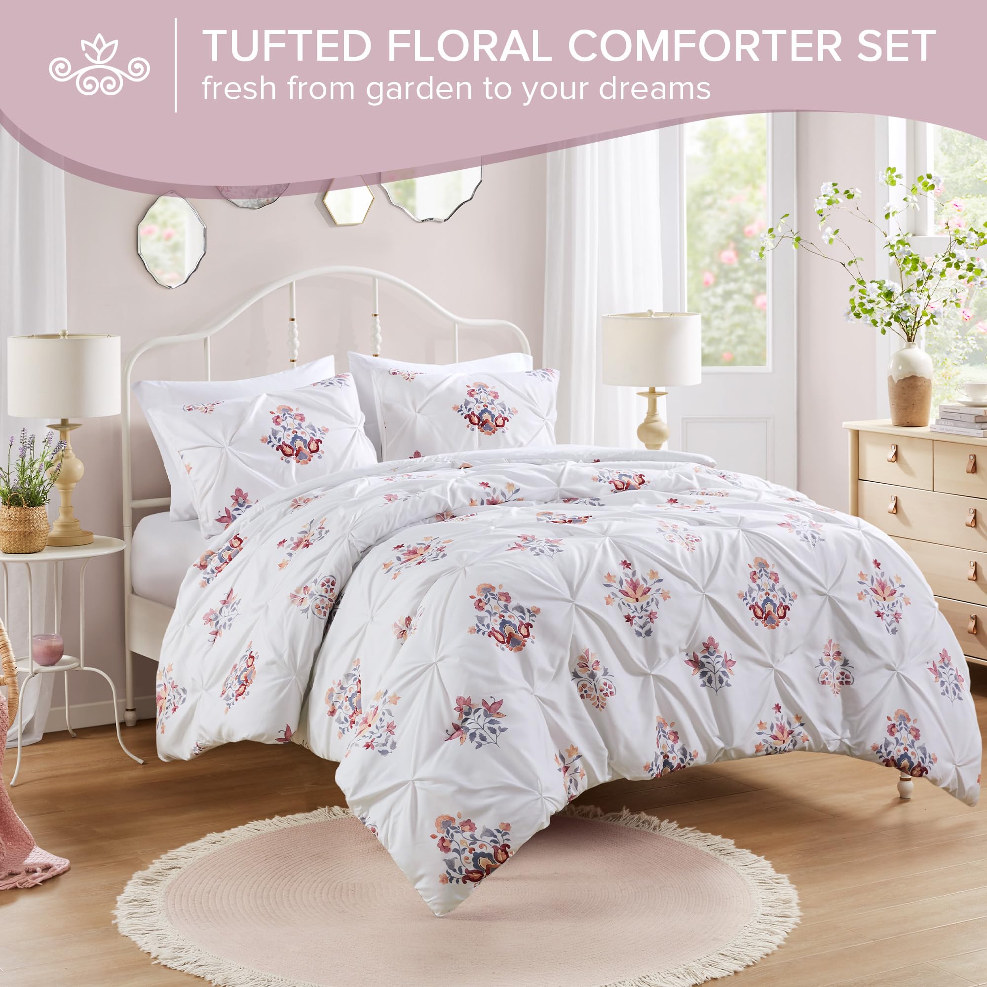 Comfort Spaces White Queen Duvet Cover Set - 3 Pieces Pintuck Tufted Vintage Floral Duvet Sets Queen, All Seasons Skin-Friendly, Lightweight & Soft Microfiber Queen Duvet Cover, Shams, Full/Queen